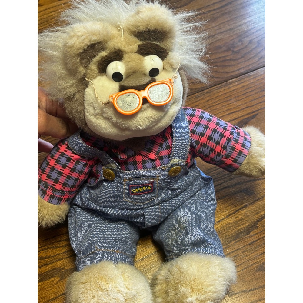 Vintage Bubba‎ The Bear Plush Toy Denim Overalls Orange Glasses 1980s Retro
